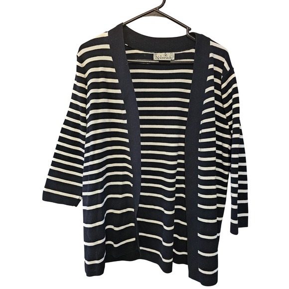 Nouveaux Sweaters - Nouveaux Womens XL Navy Blue‎ White Striped Open Front Cardigan Sweater 3/4 Sl